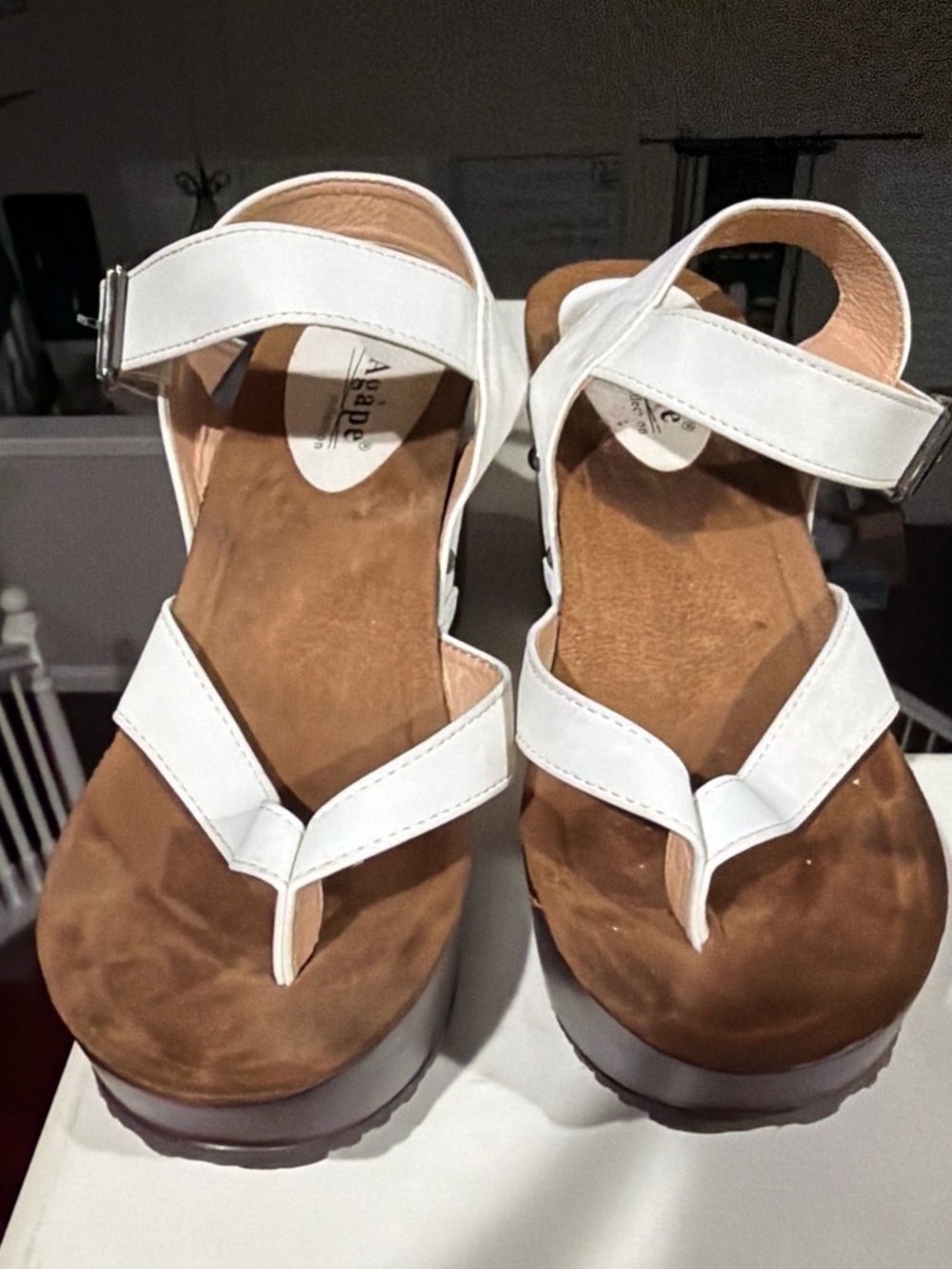 White Platform Thong Sandals with Buckle Ankle Strap